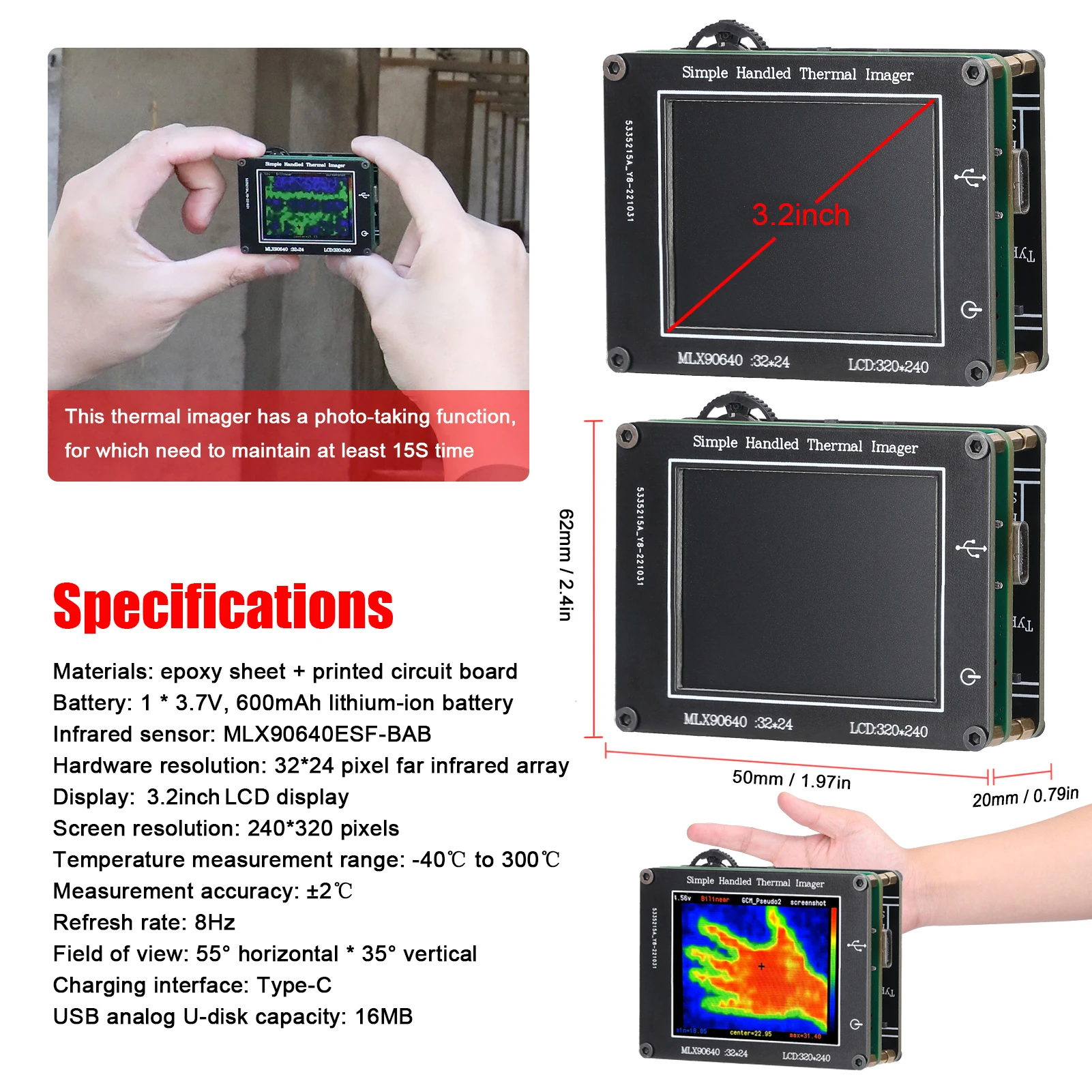 -40 ℃ do 300 ℃ kamera termowizyjna 2. 8-calowy wyświetlacz LCD 240*320 IR rozdzielczość kamery obrazowania o wyraźnej rozdzielczości ręczne czujniki