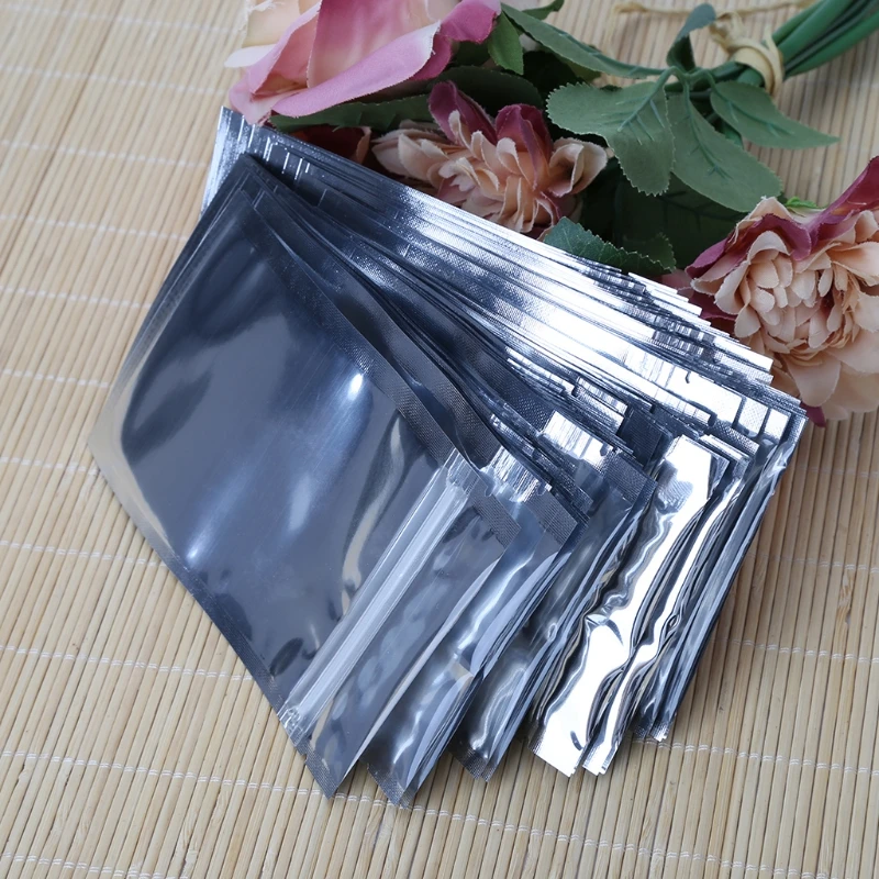 50 Pcs 8.5x14cm Folha Alumínio Prata Mylar Saco Recloeable Frente Transparente À Prova Vazamento