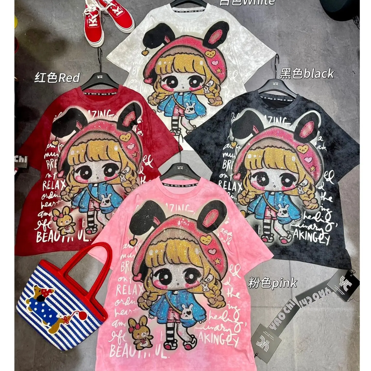 Trendy Tie-dye Cartoon Hot Drilling Loose Women T-shirt All-match O-neck Cotton Pullover Top High Street Short Sleeve Casual Tee