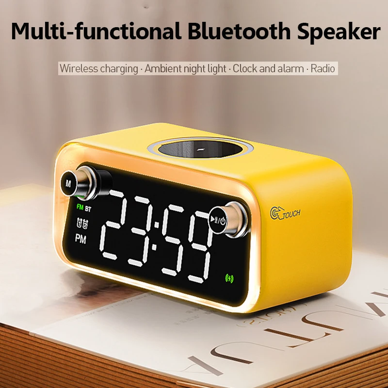 Mini Clock Bluetooth Speaker Ambient Night Light Bluetooth Soundbar Wireless Charging MP3 Music Player Support Radio Alarm Clock