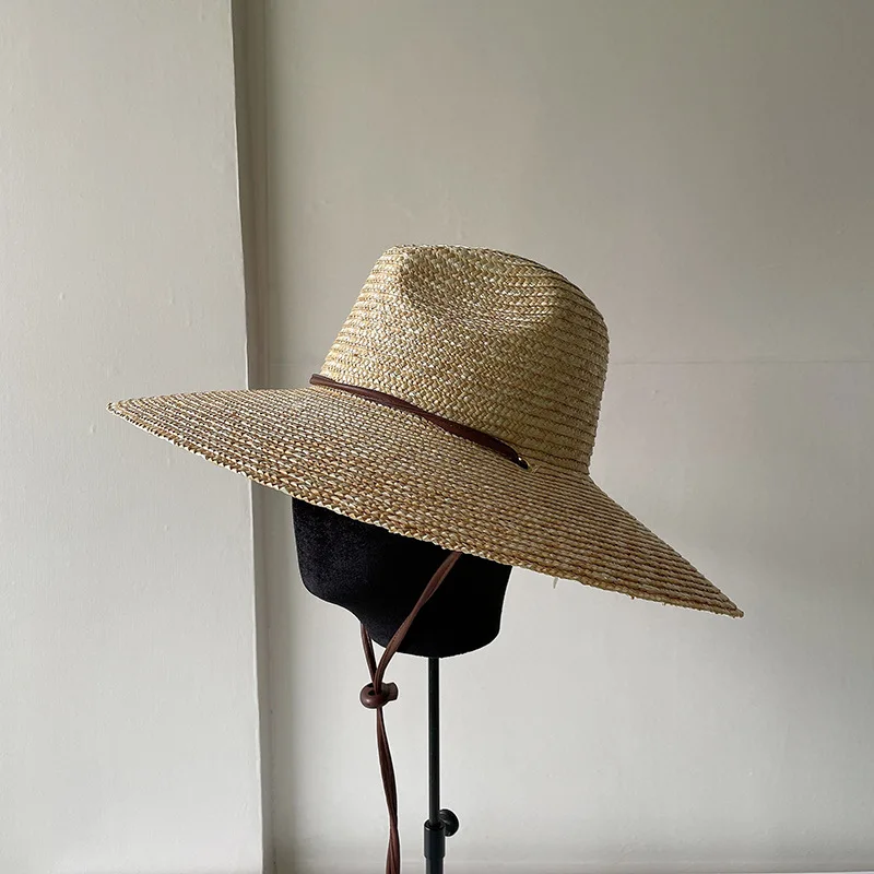 Natural Handmade Wheat Straw Women Panama Hat Tie Wind Rope Wide Brim Sun Hats for Beach Lifeguard Rush Straw Summer Hat Surfing