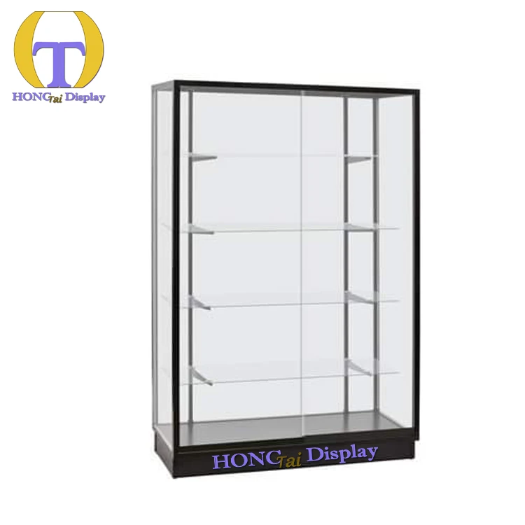 Rak Display Toko Retail Custom Desain Modern Alas Putih Bingkai Aluminium Hitam Kaca Full Vision