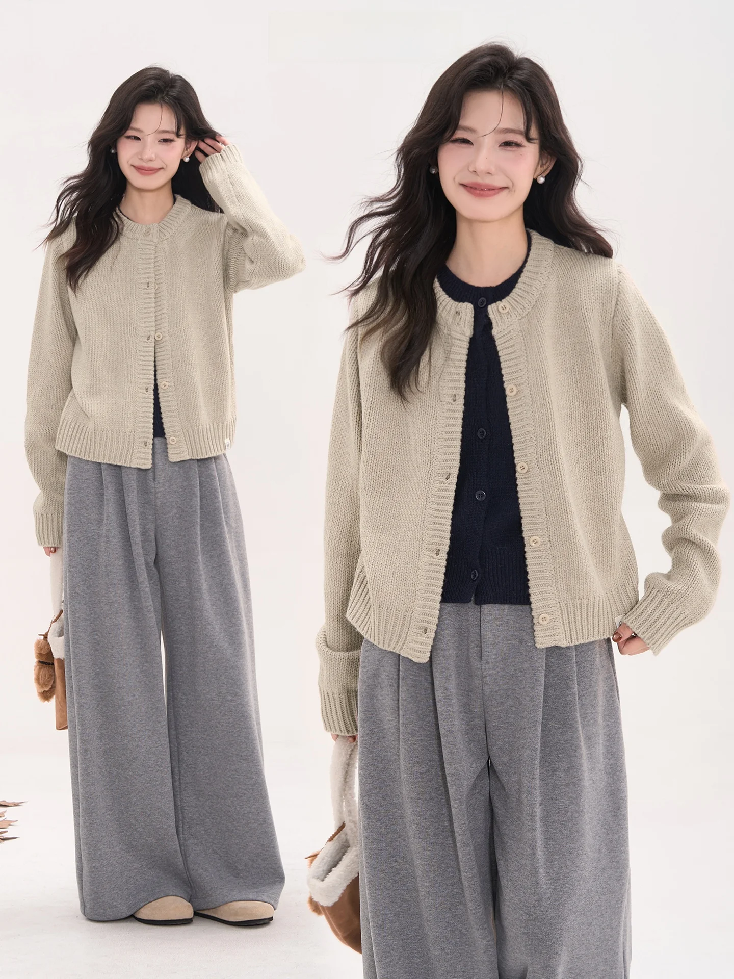 

Корейский вязаный кардиган с круглым вырезом и вставками, женский, утепленный, осенне-зимний, с длинными рукавами, от Heme