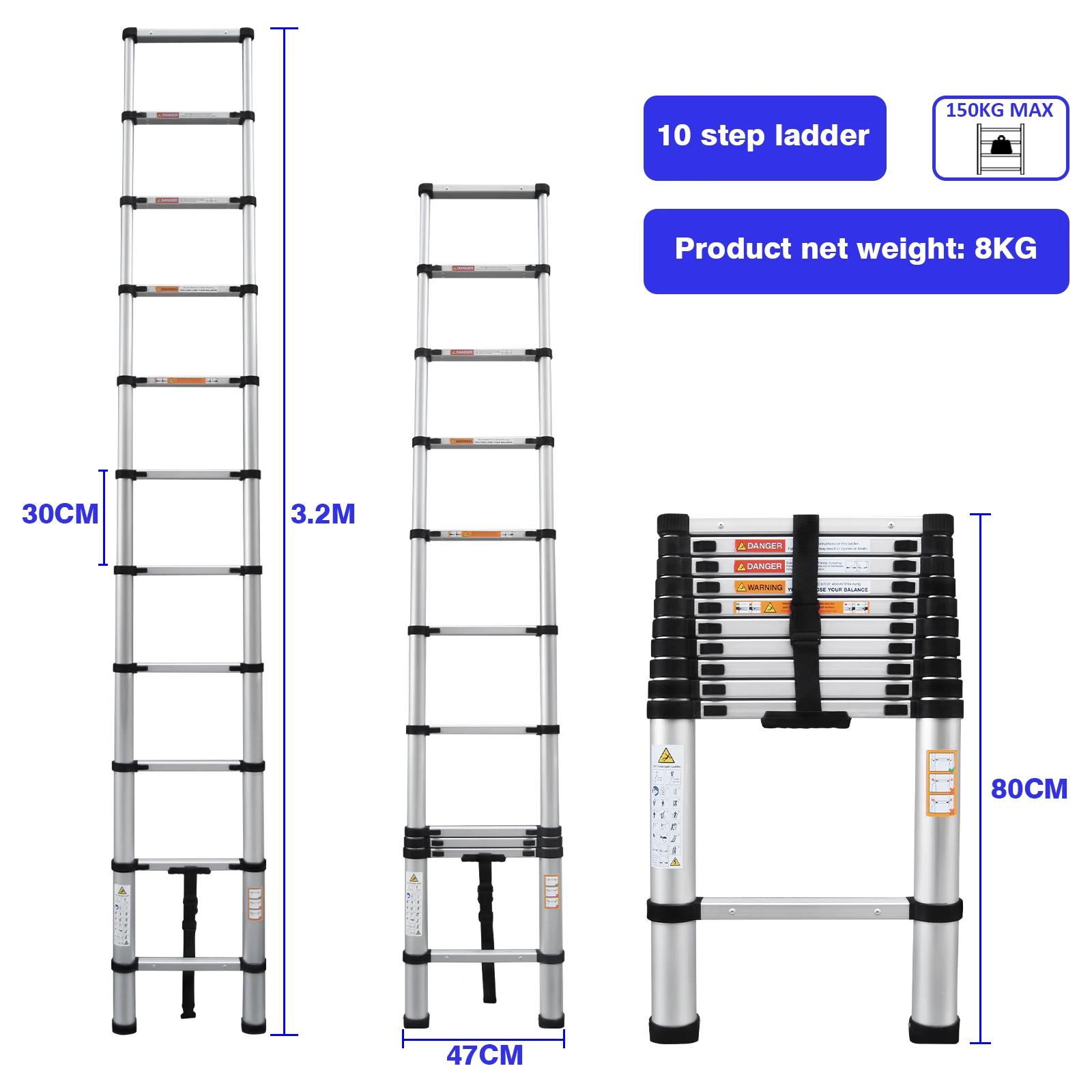 New 3.2M Telescoping Ladder, 10.5ft Stainless Steel Extension Anti-Slip Rubber Feet Portable Multi-Purpose Collapsible Ladder