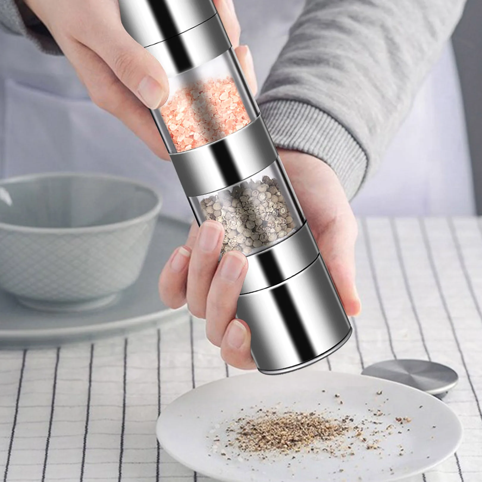 Manual Pepper Grinder Double Sided Stainless Steel Salt Mill Container Dining Kitchen Grinding Accessories  Center Split