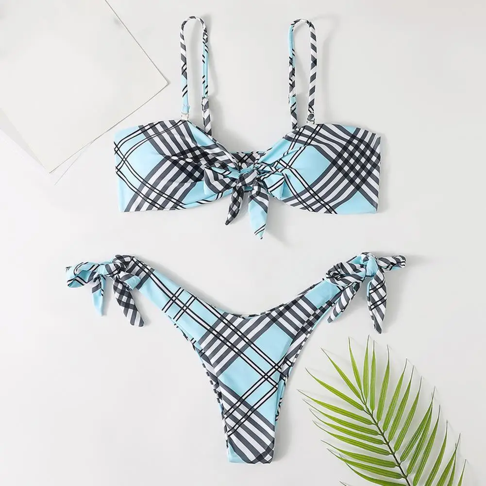 Two-Piece Suits Spaghetti Strap Push-Up Skinny Beach Bikini Set Bow Knot Bra Plaid Print Briefs Swimwear for Water Activity