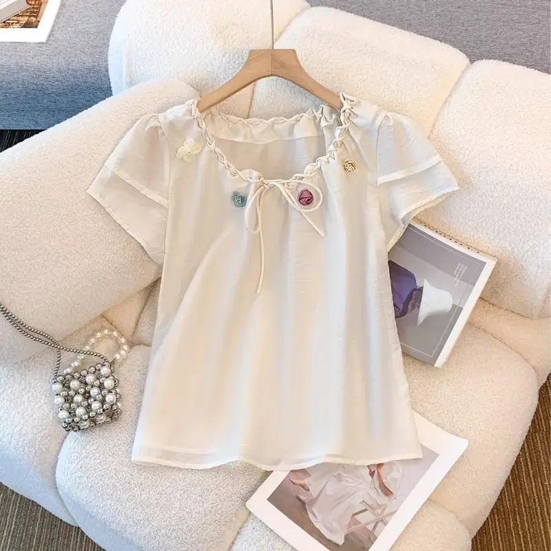 

Korean Design Lace-up Pleated Three-dimensional Flower Short-sleeved Shirt Women's Top