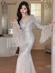 Silver Heavy Evening Dress for Women 2024 Summer Dresses New High-End Fashion Host Sexy Slim-fit Temperament Fishtail Dress