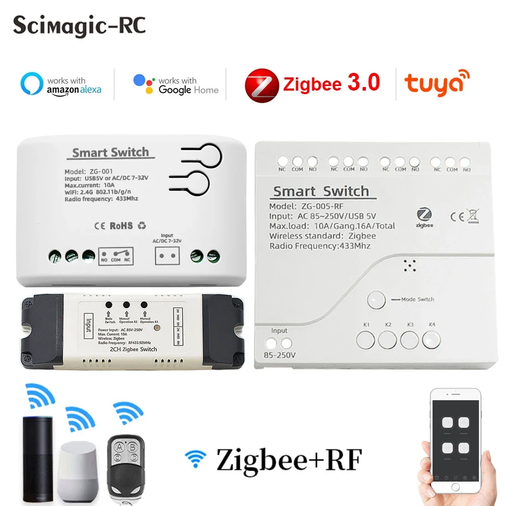 Zigbee Tuya 3,0 WIFI 1/2/4 canales módulo de interruptor inteligente AC DC 12V 24V RF433MHz interruptor de luz de Control remoto 10A relé de bloqueo automático