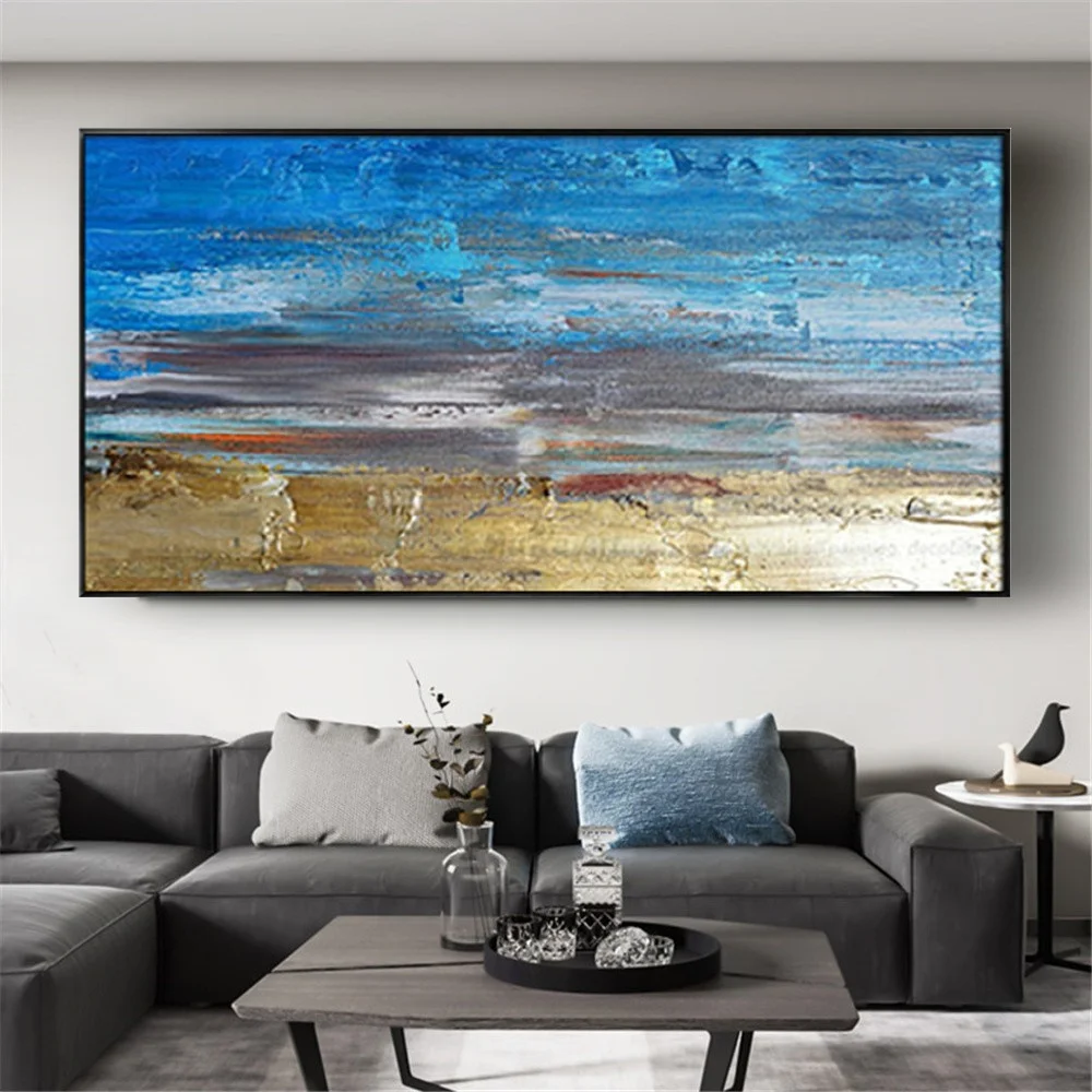 

Modern Large Living Room Decor With Paintings New design Hand Painted oil painting on canvas Dark And Light Blue Custom Artwork