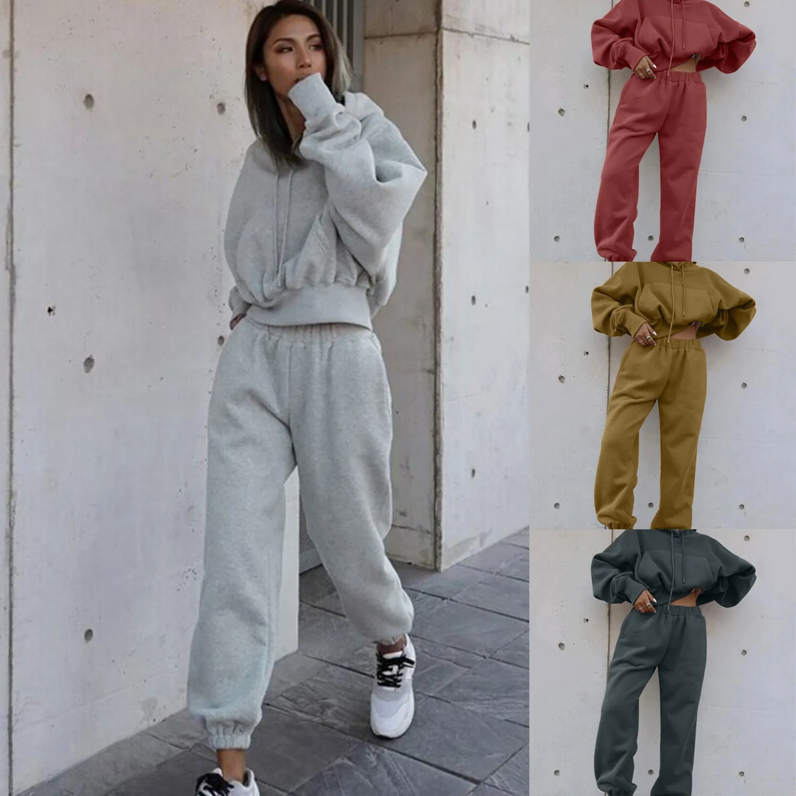 Fashion Spring And Autumn New Big Pocket Solid Color Drawstring Cap Corset Casual Two-Piece Sweater Set Sweatsuit Tracksuit Sets