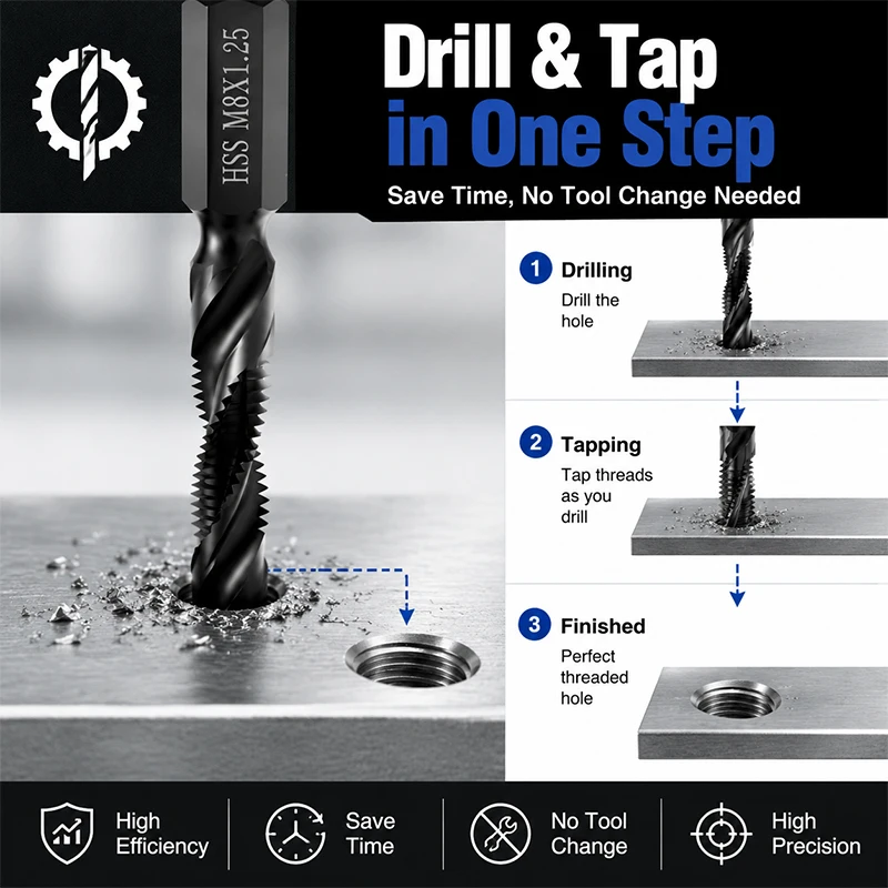 6Pcs HSS Composite Tap Drill Bit Set M3-M10 1/4" Hex Shank Spiral Flute 3-in-1 Drilling Tapping Deburring Black Oxide Tap Bits image 4
