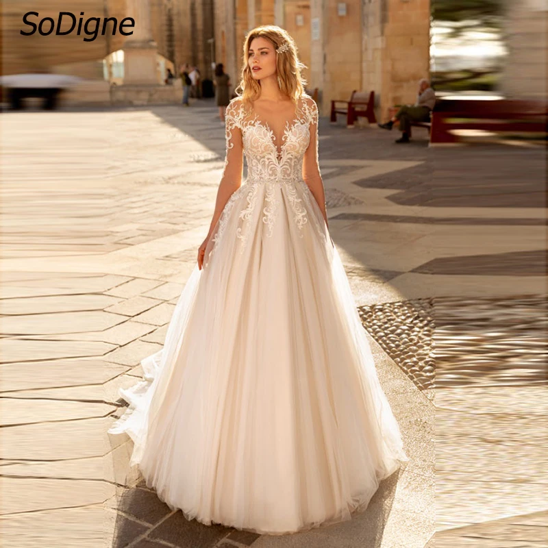 

SoDigne A-line Tulle Wedding Dress Full Sleeves Lace Appliques Bride Dresses Long Bridal Gowns vestidos de novia 2024