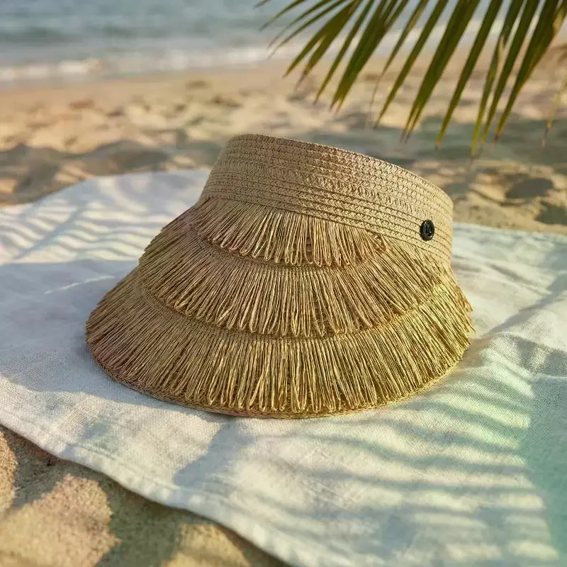Novo Chapéu de Sol de Palha com Franjas da Marca de Moda Designer, Chapéu de Sol Feminino de Verão com Topo Aberto, Chapéu de Sol de Praia com Proteção UV para Atividades ao Ar Livre