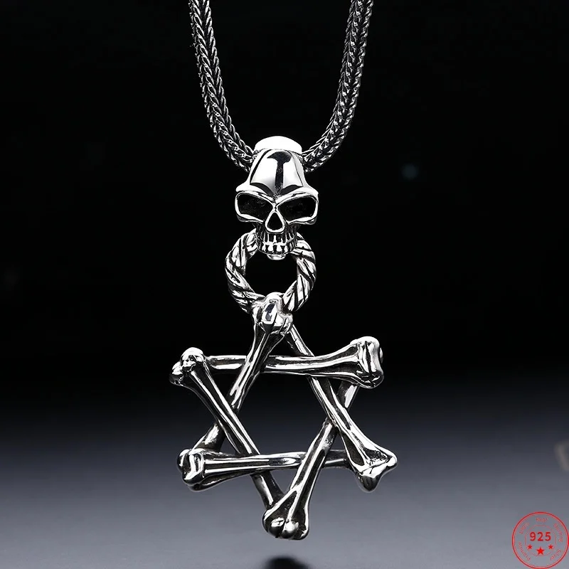 

Genuine S925 Sterling Silver Pendants for Women Men New Fashion Skull-hexagram Six Pointed Stars Punk Jewelry Free Shipping