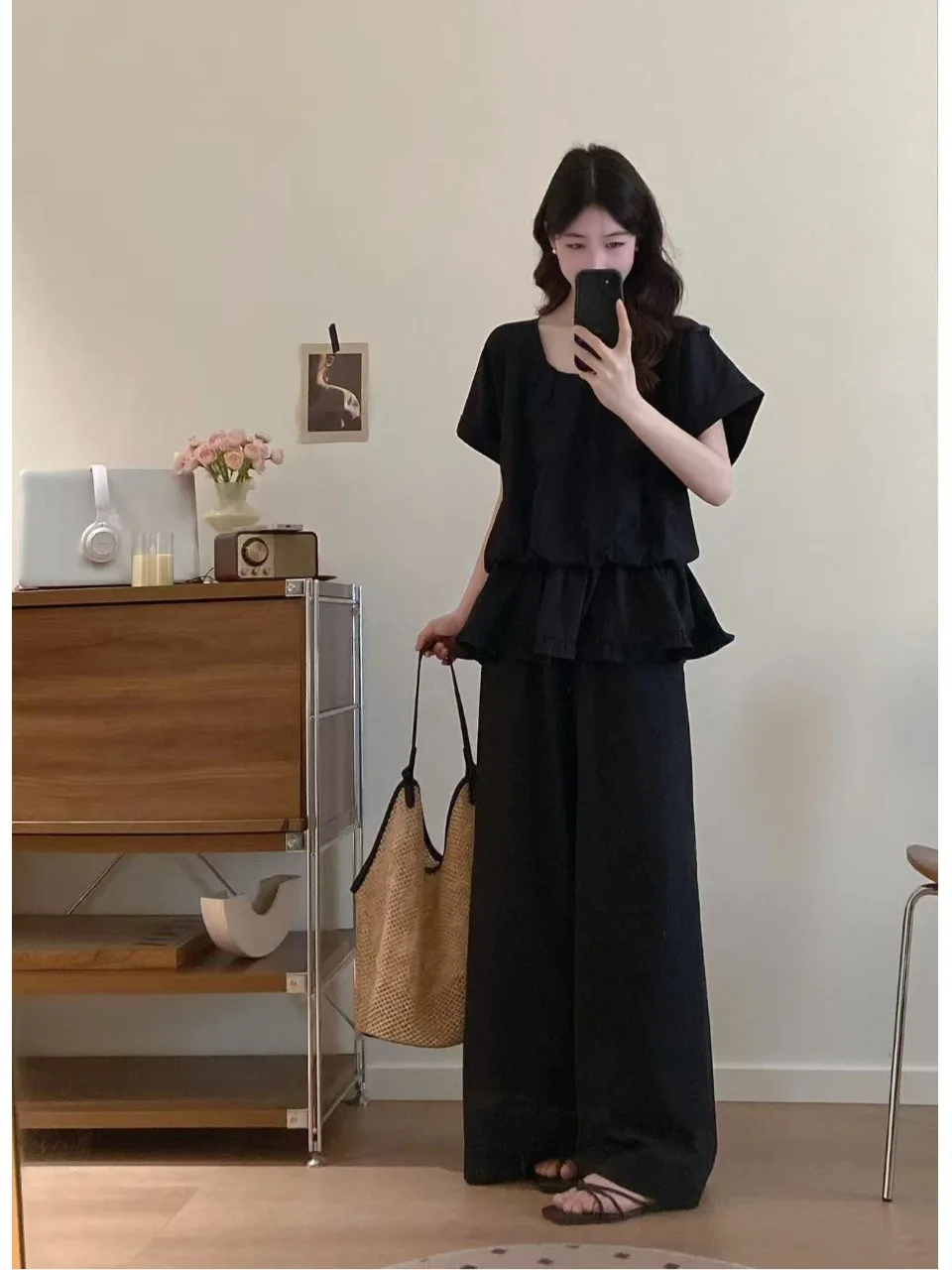 

plus Size Lazy Style Set Summer New Design Waist-Cinching Short Sleeve Casual Loose Wide Leg Pants High Waist Long Pants
