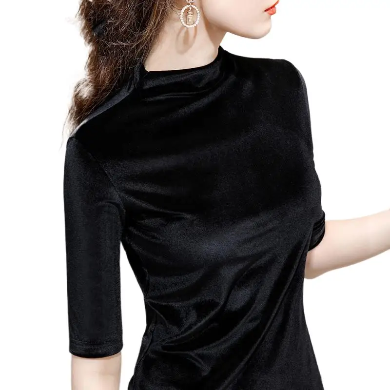 

New 2024 Autunm Half sleeve turtleneck velour shirts office lady vintage velvet Tshirt tops Spring clothes