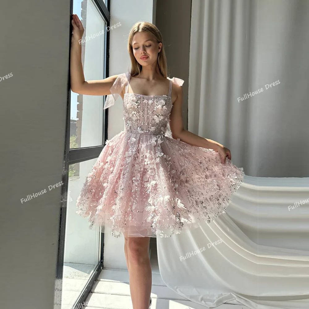 

Custom Made Graceful Spaghetti Straps Floral Lace Sequins A-line Prom Dress Backless Short Mini Puffy Evening Dress robes de