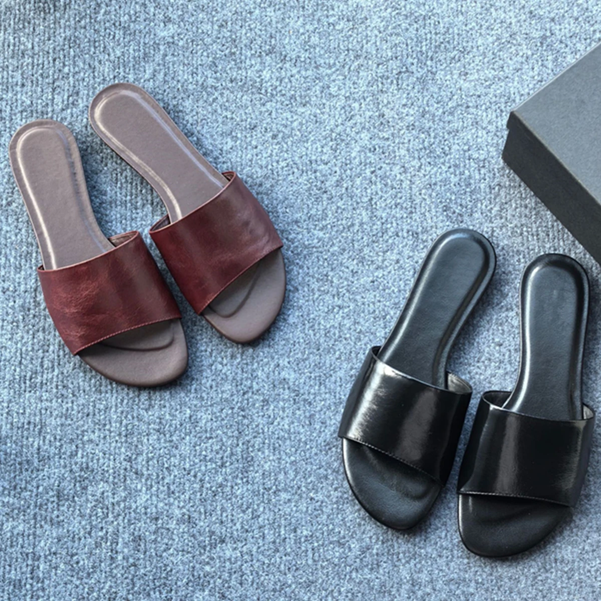 

Maxdutti Minimalist Women's Flat Shoes Slippers Summer Sandals French Fashion Ladies Lazy Retro Genuine Leather Slippers Women