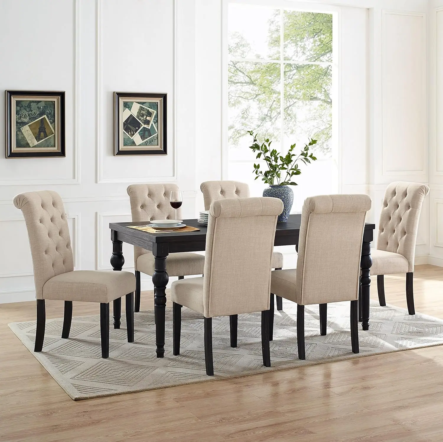 

Urban Style Dark Washed Wood Dining Set Table and 6 Chairs Tan Traditional Style Features Solemn Legs Built of Solid Wood