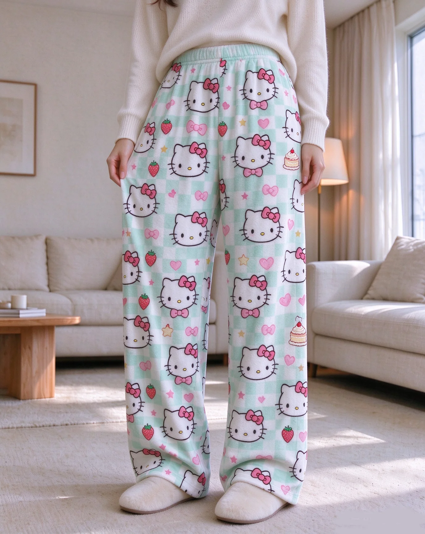 Hot New Original Women's Flannel Lounge Pants Green Cute Hello Kitty Print Stylish Casual Everyday Wear for Girls