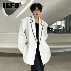 IEFB New Korean Style Men Blazer Autumn Handmade Spray Painted Double Breasted Shoulder Pad Contrast Color Suit Jacket 9C7190