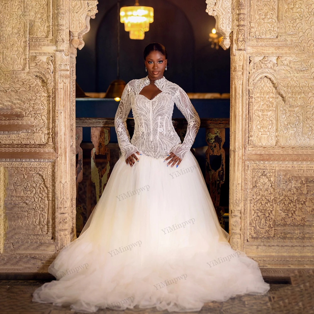 

Customized Plus Size Mermaid 2026 Wedding Dress Sweep Train Beaded Crystals O-Neck African Aso Ebi Bridal Gown Robe DeMariée