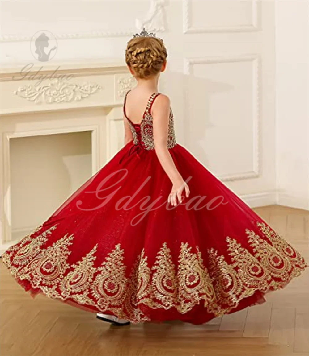 Apliques de ouro sem mangas frisado vestido de baile para menina, vestidos luxuosos para casamento e aniversário, primeira comunhão sagrada, florida