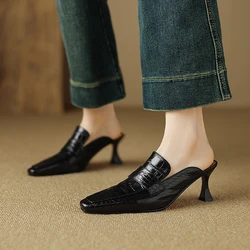 Genuine Leather Baotou Half Slippers Female Summer Wear Muller Shoes Sandals Woman Shoes High Heels Sexy Shoes for Women Sandals