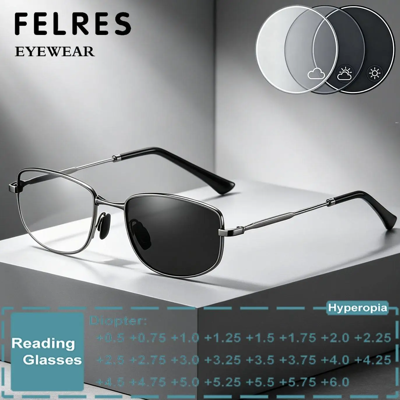 

Alloy Square Photochromic Reading Glasses Men Women Sun Color Changing Single Focus Presbyopic Eyewear Customize Diopter