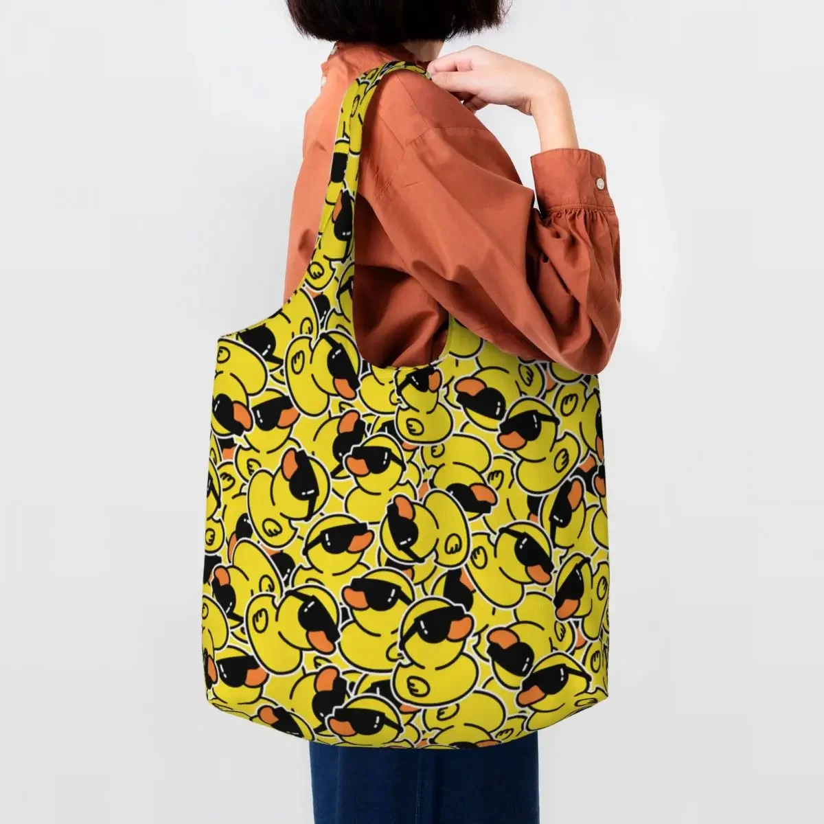 Custom Kawaii Rubber Duck Sunglasses Shower Bath Cartoon Shopping Tote Bags Reusable Groceries Canvas Shopper Shoulder Bag