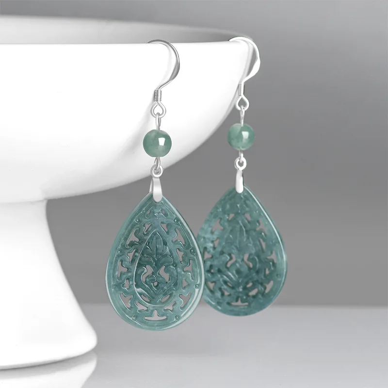 Myanmar Jadeite Earrings S925 Silver Inlaid Retro Hollow Carved Flowers Exquisite Fashion Bean Seed Jade Earrings Ladies Gift