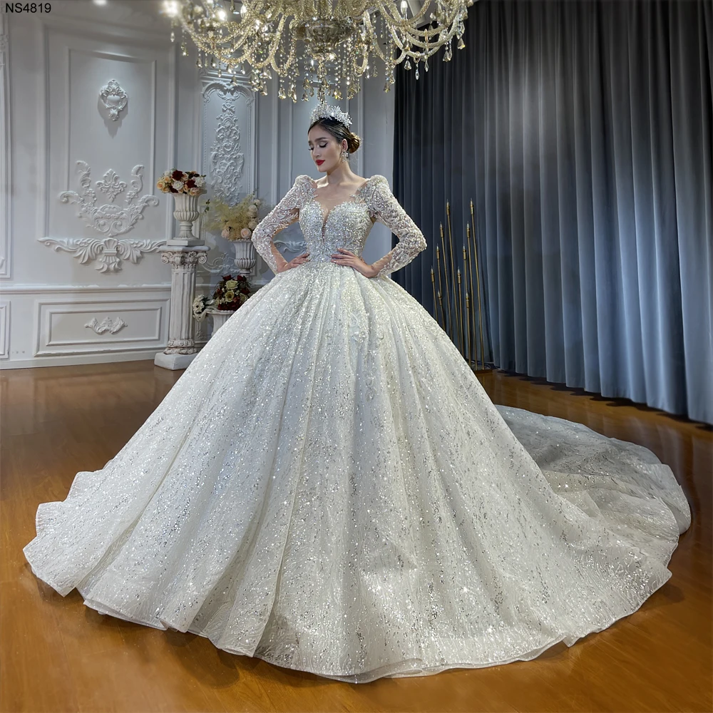 Customized NS4819 Luxury Lace Crystal Low Cut Long Train Wedding Dress