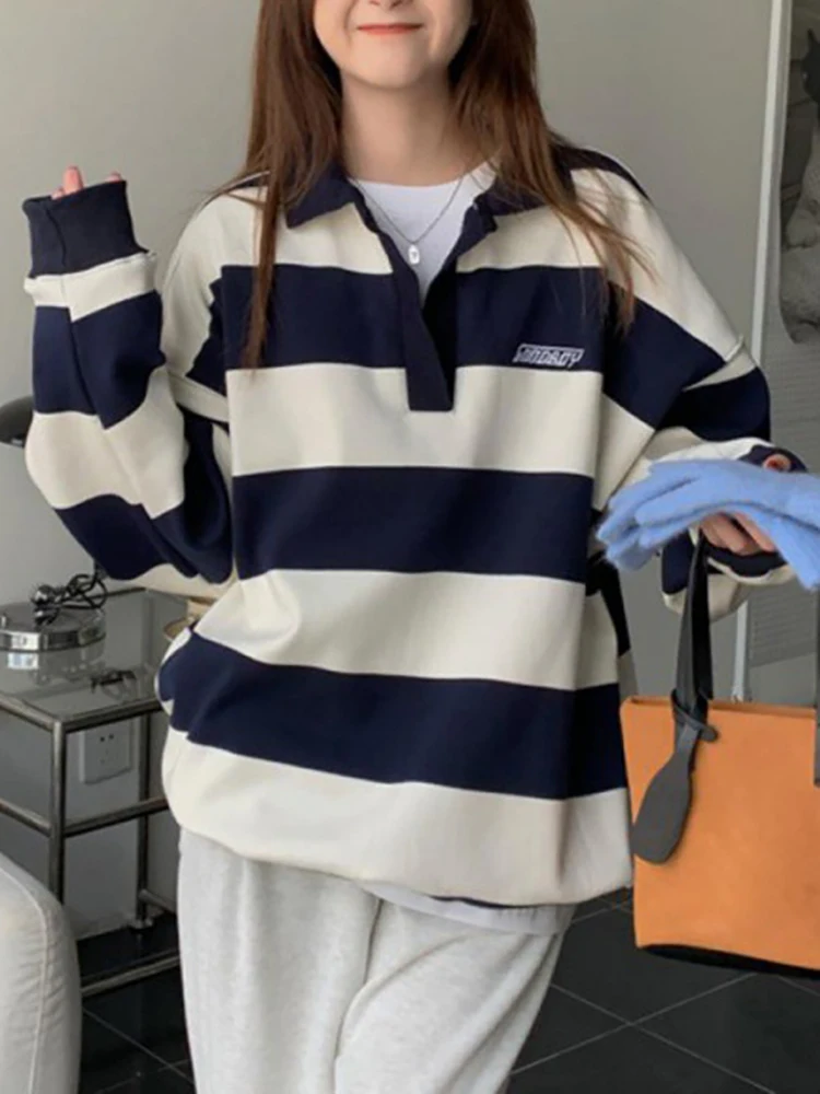 Harajuku Striped Sweatshirt Women Korean Style Preppy Pullover Female Fashion Polo Sweatshirt Ladies Casual Long Sleeve Top