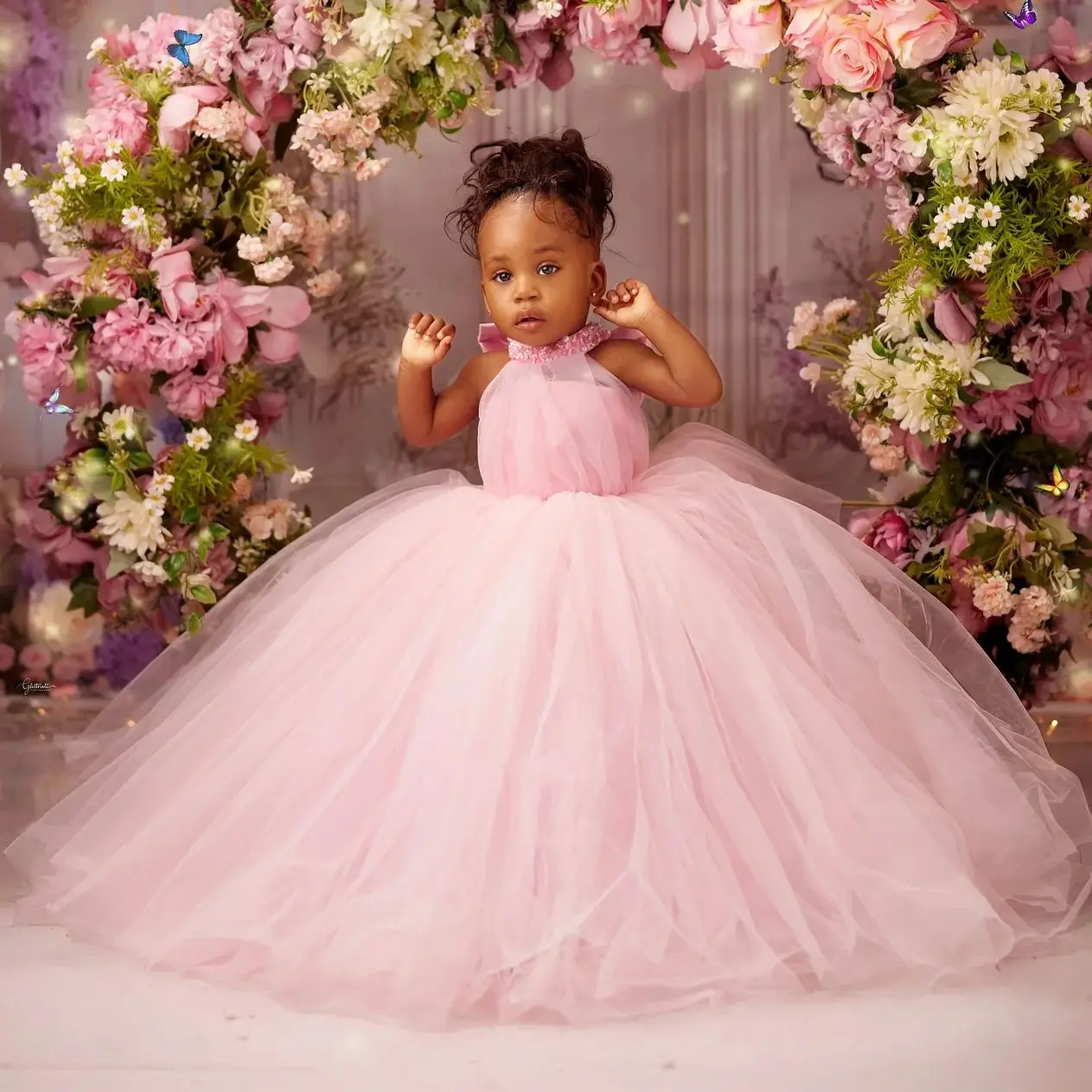

Pink High Neck Girls Birthday Dresses Litter Princess Bow Flower Girl Dresses for Wedding Party Pageant Ballgown for Photoshoot