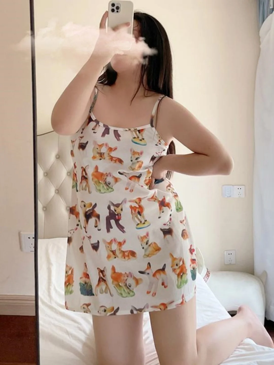 

Sweet Cartoon Print Chemise Nightgown Women's Summer Large Size Sleeveless Home Clothes Short Dress round Neck Single Button
