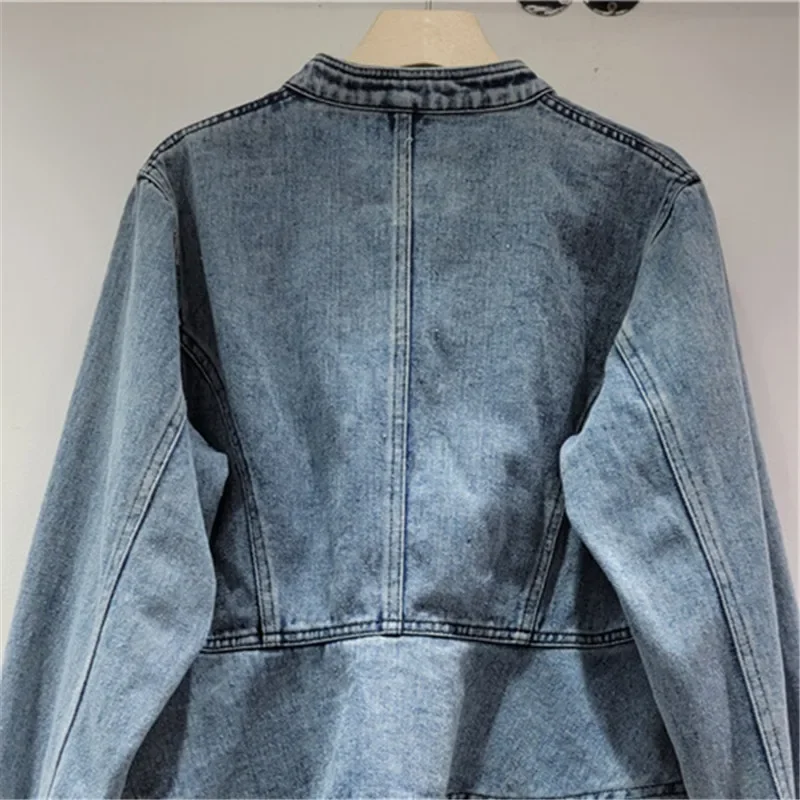 Herbst Vintage Spitze Pailletten Blumen Blau Kurze Jeans Jacke Frauen Stehen Kragen Einreiher Langarm Weibliche Cowboy Outwear