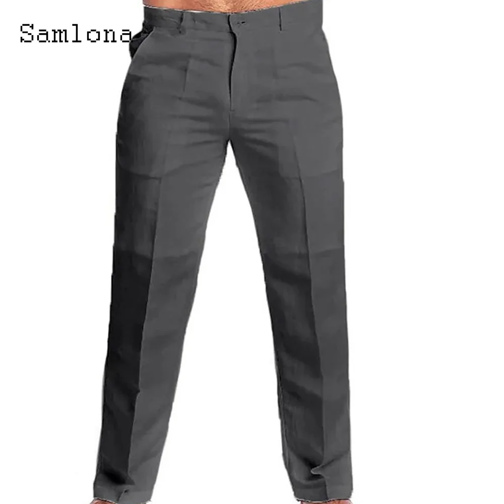 Pantalones de lino informales con bolsillo para hombre, ropa de calle elegante, color blanco y gris, talla grande 3xl, 2023