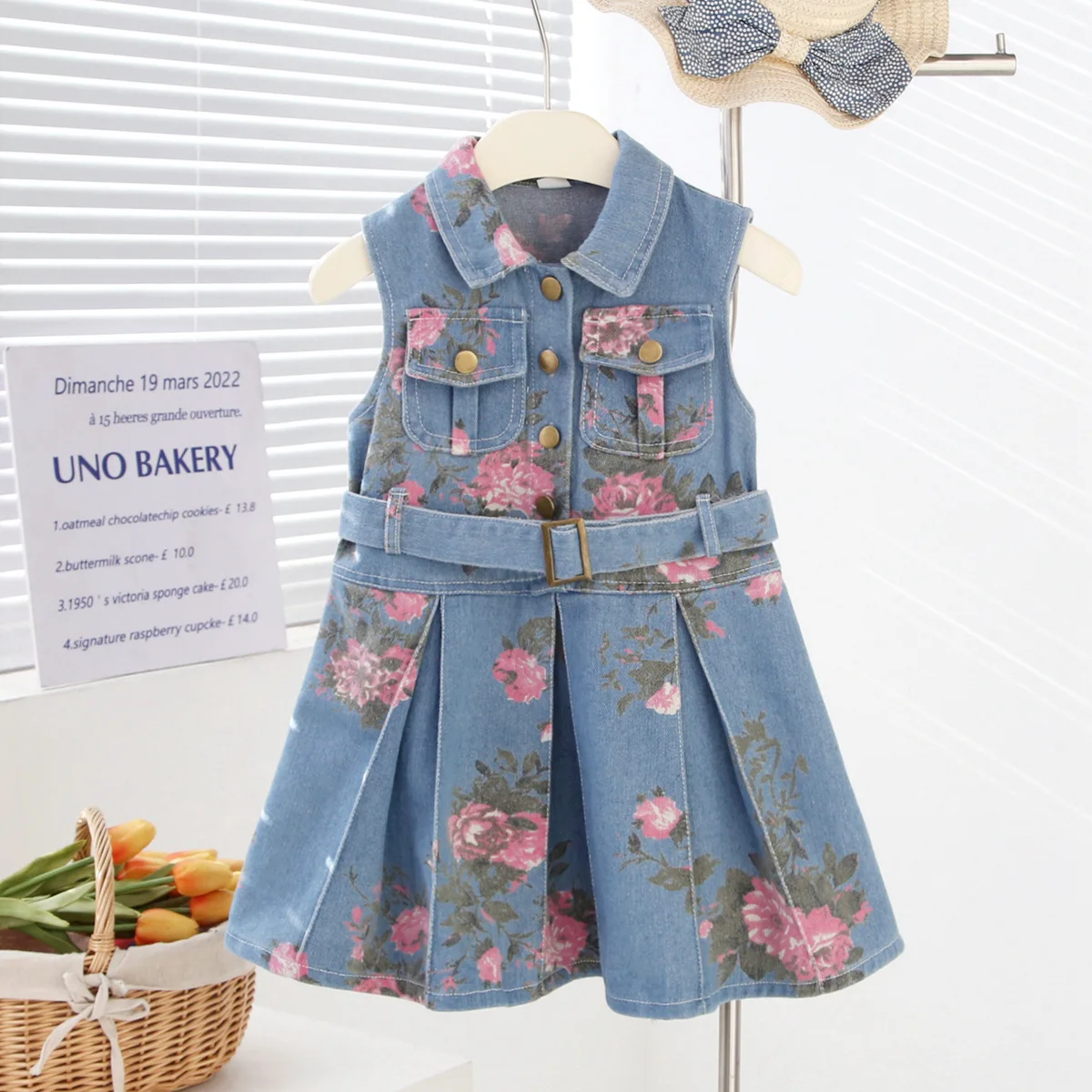 2026 Summer Collection: Sleeveless Girl's Jeans Dress with Floral Print, Slim Waistline, Flipped Collar, and Thin Vest Dress