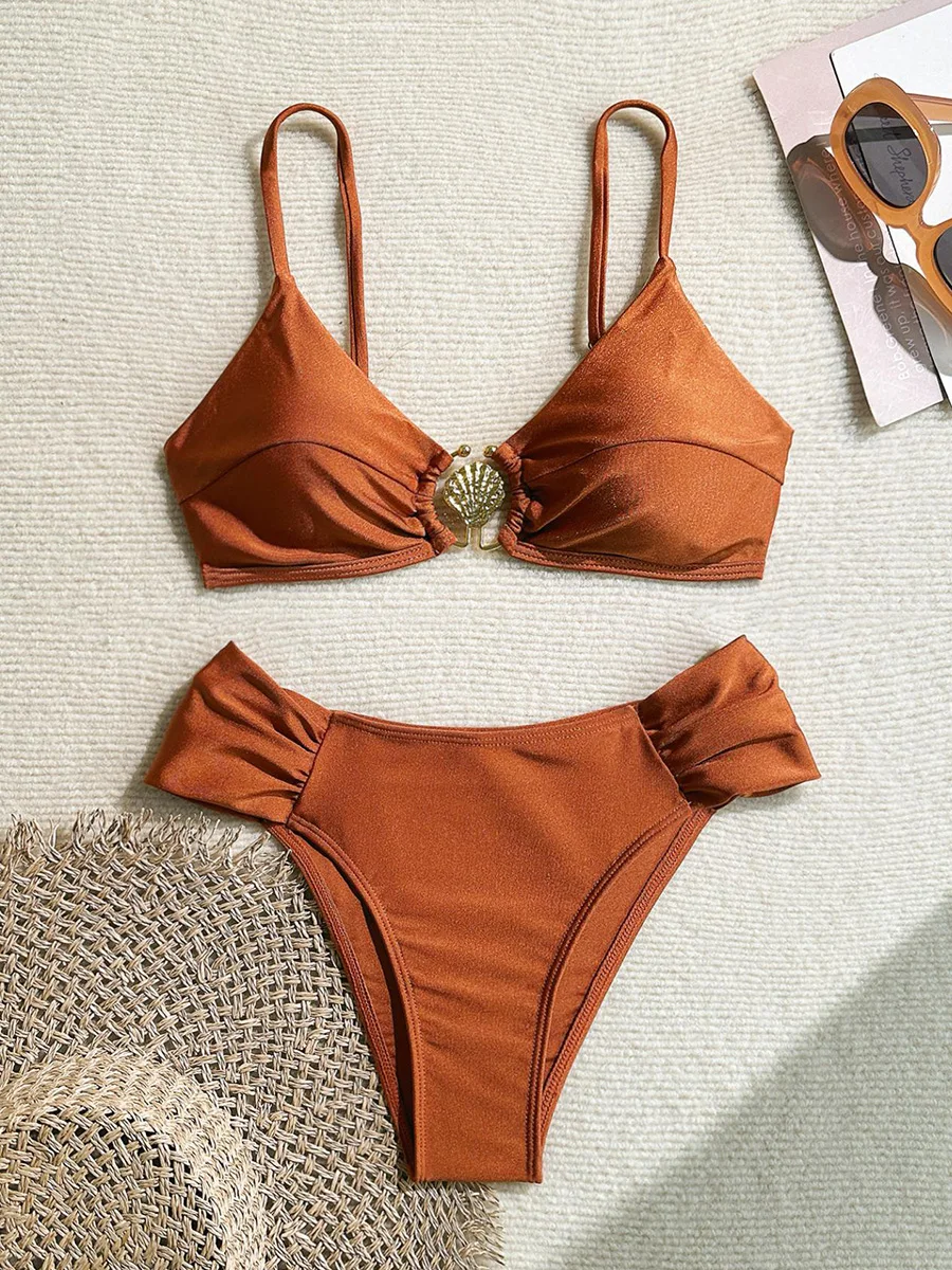 

S - XL Metal Shell Halter Female Swimsuit High Waist Bikini Women Swimwear Two-pieces Bikini set Bather Bathing Suit Swim Lady