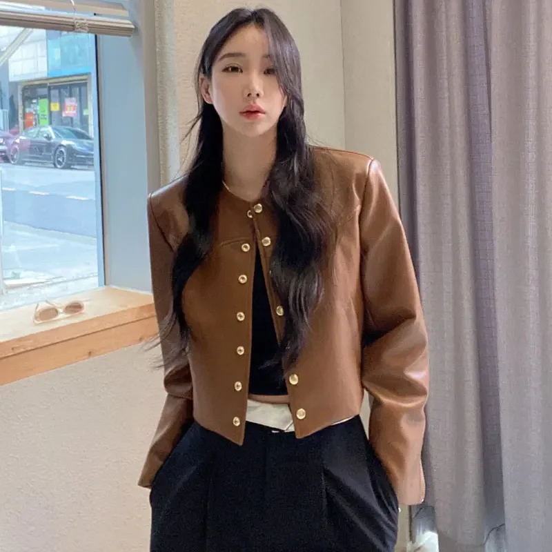 Korean Chic Spring Retro PU Leather Jacket Metal Buttons Loose Long-sleeved Short Coat Women Simple O Neck Streetwear Tops