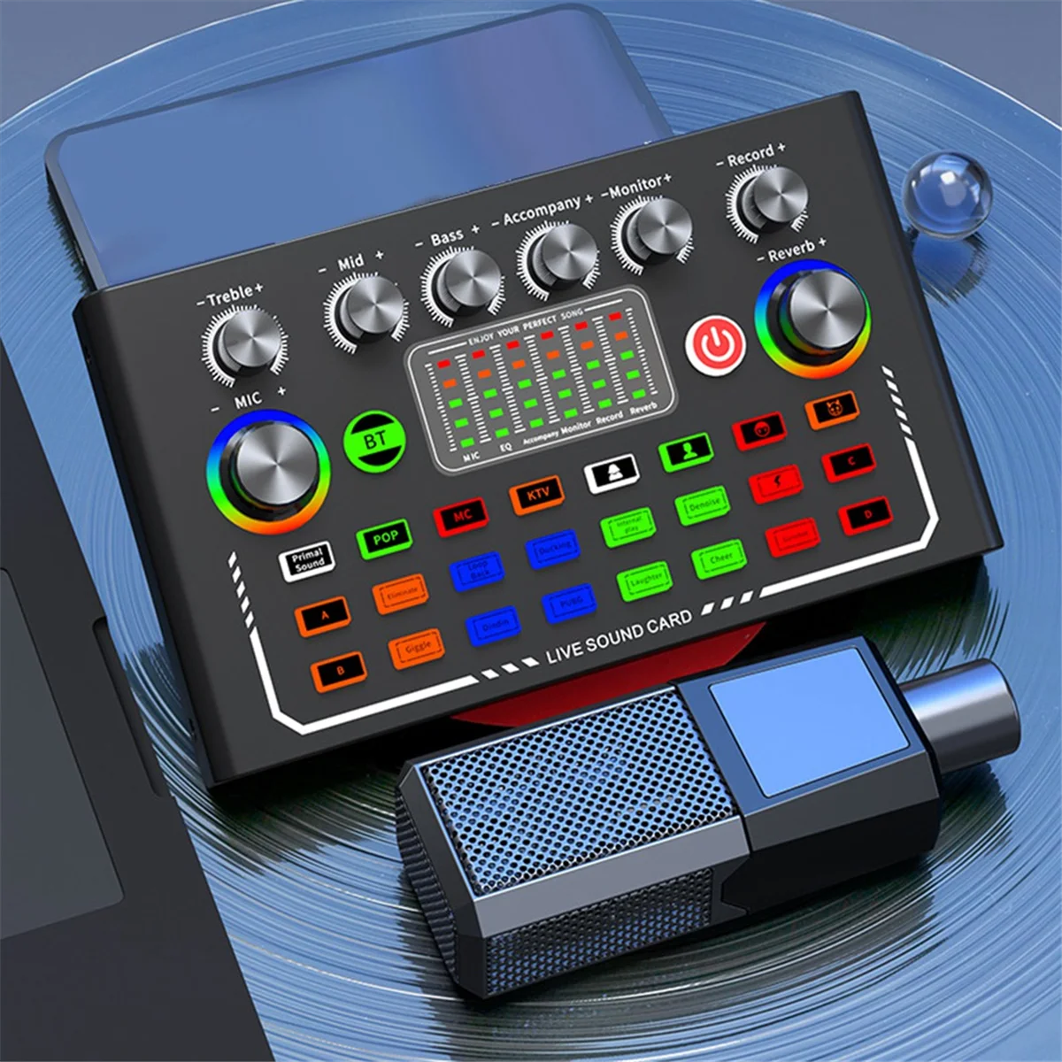 F009 Audio Mixer Live Sound Card with DJ Mixer Effects and Studio Equipment Voice Changer Podcast Production