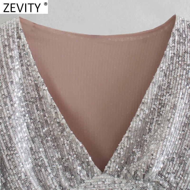 Zevity Women Sexy Deep V Neck Short Sequined Smock Blouse Lady Chic Pleats Puff Sleeve Party Wear Crop Shirts Blusas Tops LS9954