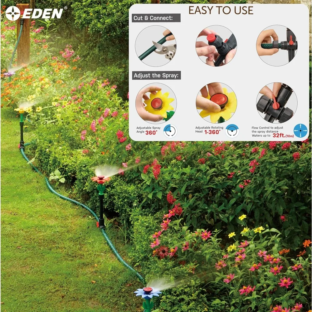 97065 Daisy Above-Ground 50 Ft Garden Hose and Sprinkler System, DIY Plant Watering Set