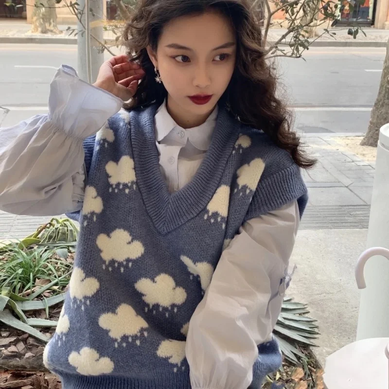 Autumn Knitted Pullover Sweater Vest Women Sleeveless Cloud Print V-neck Sweaters Loose Knit Vest Top Winter Clothes Women 15990