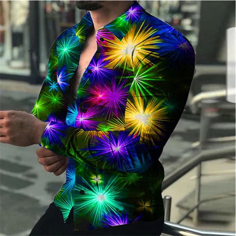 2024 Men\'s Shirt Colorful Star Casual 3D Print Cardigan Shirt Party Street Vacation Inverted New Long sleeved Cardigan Shirt