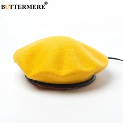 BUTTERMERE French Beret Women Autumn Winter Wool Leather Female Japanese Beret Vintage Blue Yellow Purple Green Womens Felt Cap