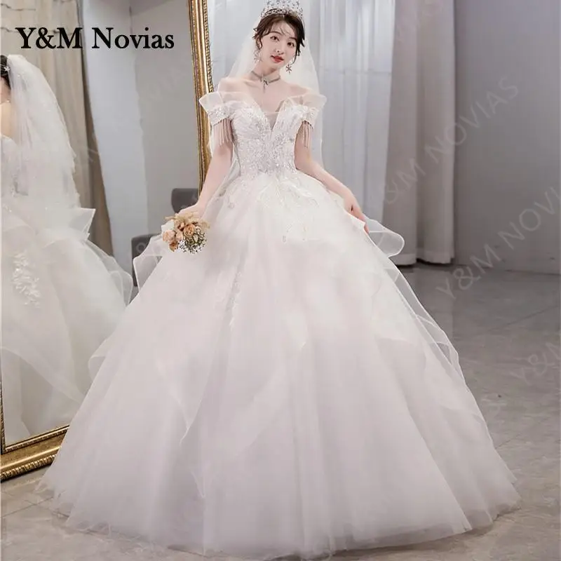 

Y&m Novias Vestidos De French Plus Size Wedding Dress 2022 New Luxury Bead Sequined Tessel Bride Gown Off Shoulder Real Photo