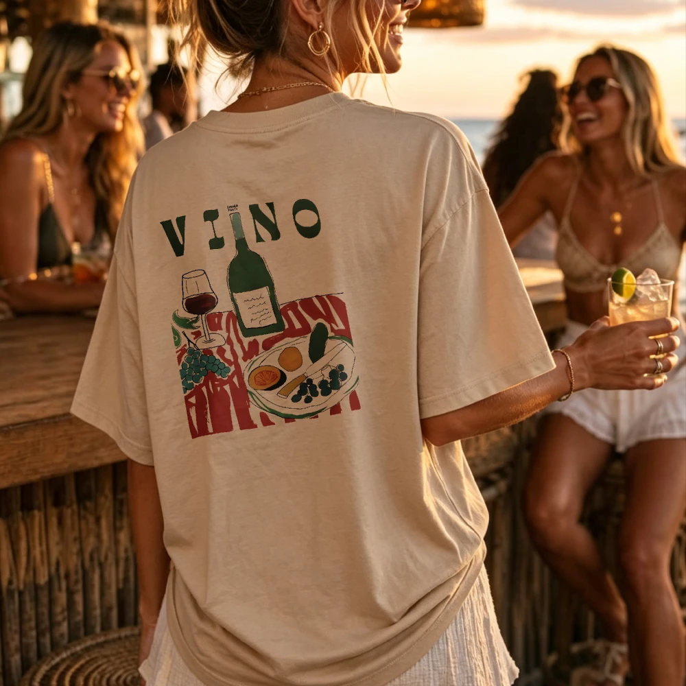 VINO Wine Cheese Fruit Graphic Boxy Women Tee, Italian Dinner Casual Top Cotton Blouse, Wine Lover Brunch Holiday Souvenir Gift