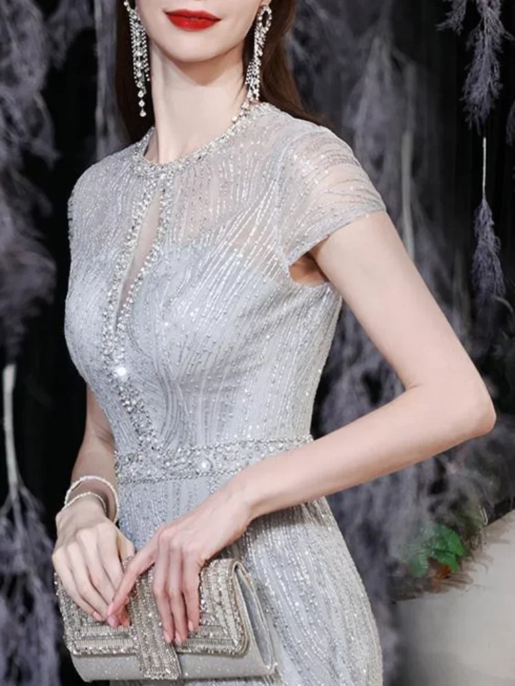 Vestido de noche con lentejuelas y cuello redondo, elegante y sencillo, sin mangas, para fiesta de boda y graduación